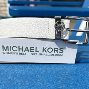 Michael Kors White Leather Belt with Silver MK Buckle